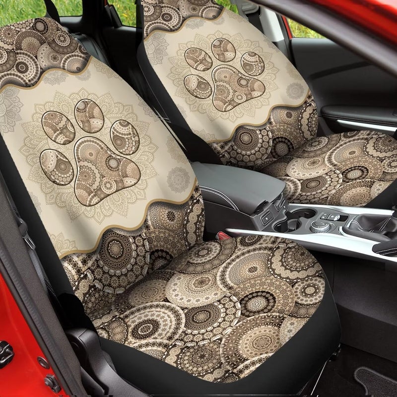 Howilath Brown Boho Mandala Dog Paw Print Seat Covers for Women Men Car Seat Covers, 2pcs Car Accessories High Back Front Seat Covers - Image 4